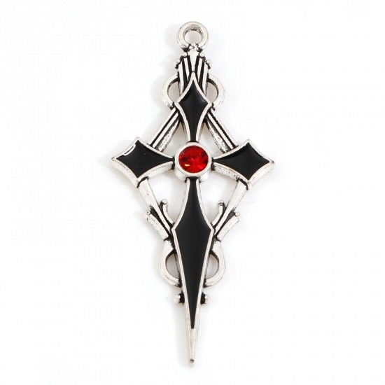Picture of Zinc Based Alloy Religious Pendants Antique Silver Color Black Cross Enamel Red Rhinestone 2.2cm Dia., 4.8cm, 10 PCs
