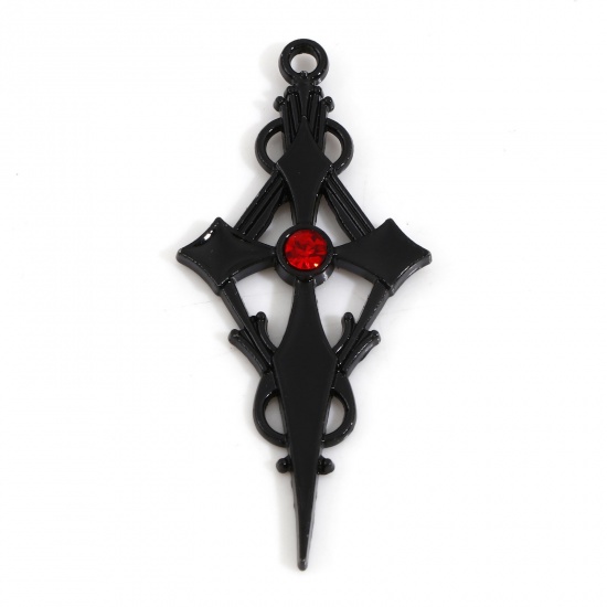 Picture of Zinc Based Alloy Religious Pendants Black Cross Enamel Red Rhinestone 2.2cm Dia., 4.8cm, 10 PCs