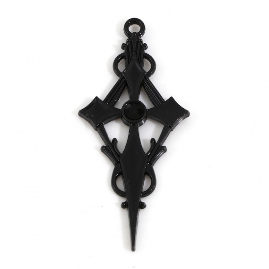 Picture of Zinc Based Alloy Religious Pendants Black Cross Enamel Black Rhinestone 2.2cm Dia., 4.8cm, 10 PCs