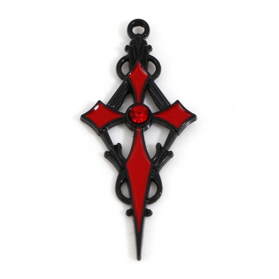 Picture of Zinc Based Alloy Religious Pendants Black Cross Enamel Red Rhinestone 2.2cm Dia., 4.8cm, 10 PCs