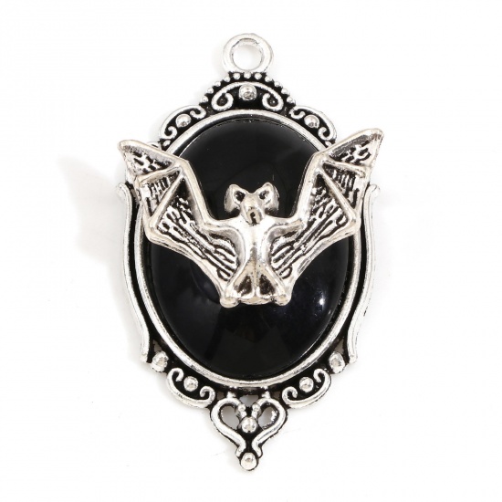 Picture of Zinc Based Alloy Halloween Pendants Antique Silver Color Black Mirror Halloween Bat Enamel 4.3cm x 2.4cm, 5 PCs