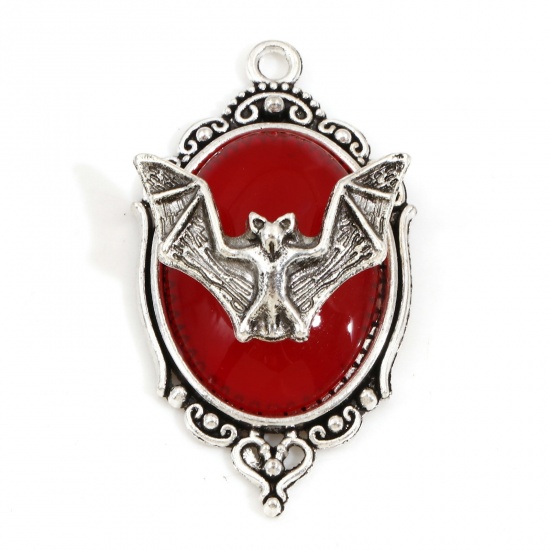 Picture of Zinc Based Alloy Halloween Pendants Antique Silver Color Red Mirror Halloween Bat Enamel 4.3cm x 2.4cm, 5 PCs