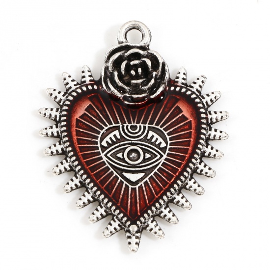 Picture of Zinc Based Alloy Religious Pendants Antique Silver Color Red Heart Eye of Providence/ All-seeing Eye Enamel 3.6cm x 2.8cm, 10 PCs