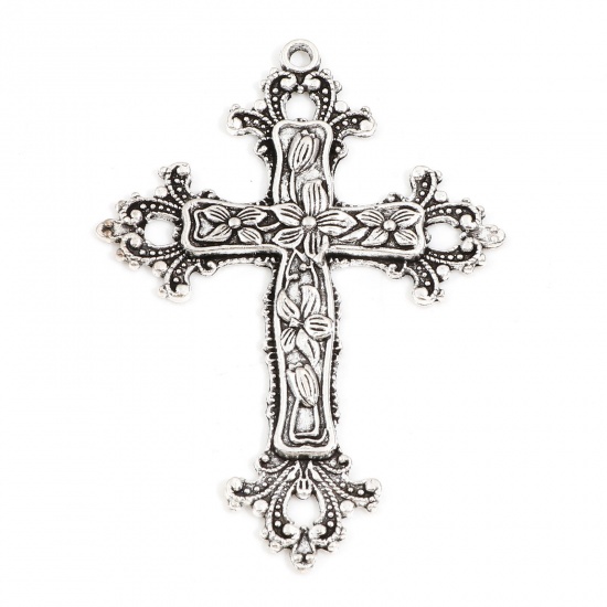 Picture of Zinc Based Alloy Religious Pendants Antique Silver Color Cross Flower Vine 7.4cm x 5.3cm, 5 PCs