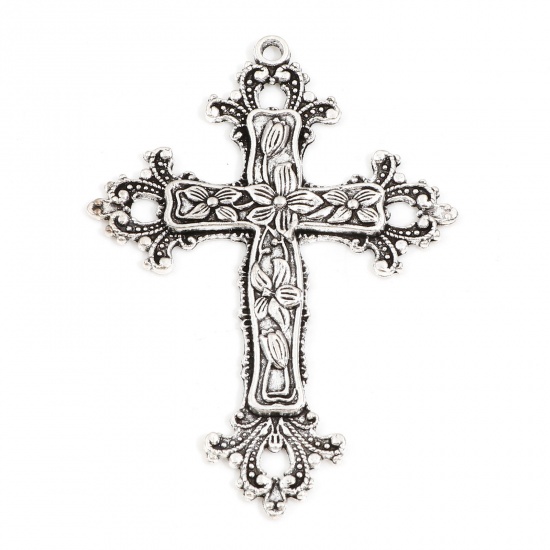 Image de Pendentifs Religieux en Alliage de Zinc Argent Vieilli Croix Vignes de Fleurs 7.4cm x 5.3cm, 5 Pcs