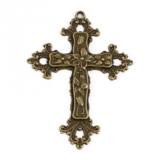 Picture of Zinc Based Alloy Religious Pendants Antique Bronze Cross Flower Vine 7.4cm x 5.3cm, 5 PCs