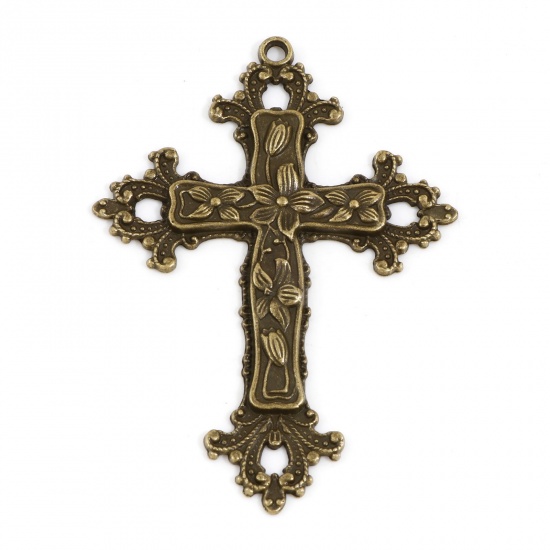 Image de Pendentifs Religieux en Alliage de Zinc Bronze Antique Croix Vignes de Fleurs 7.4cm x 5.3cm, 5 Pcs