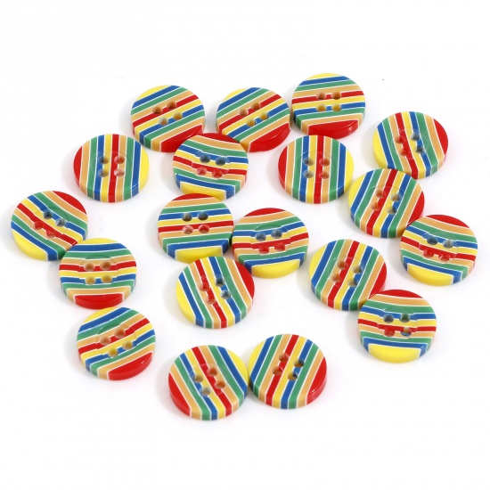 Picture of Resin Sewing Buttons Scrapbooking 4 Holes Round Stripe Multicolor Opaque 13mm Dia., 50 PCs
