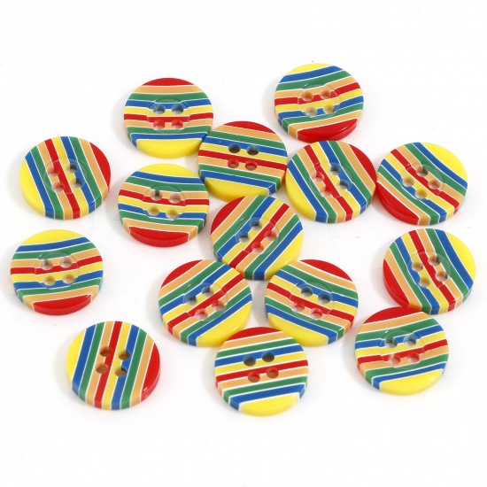 Picture of Resin Sewing Buttons Scrapbooking 4 Holes Round Stripe Multicolor Opaque 15mm Dia., 50 PCs