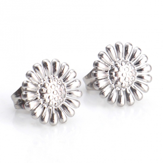 Image de Boucles d'Oreilles Puces en 304 Acier Inoxydable Collection Végétale Argent Mat Tournesol avec Embouts 10mm x 10mm , Epaisseur de Fil: (21 gauge), 4 Pcs