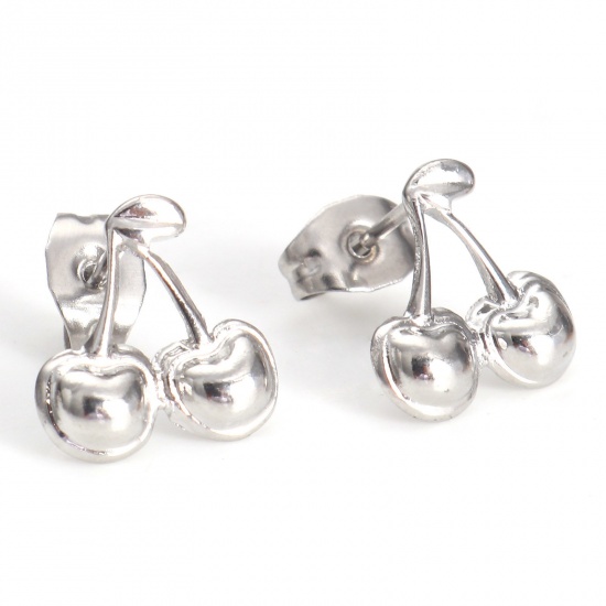 Image de Boucles d'Oreilles Puces en 304 Acier Inoxydable Collection Végétale Argent Mat Cerise avec Embouts 11mm Dia., Epaisseur de Fil: (21 gauge), 4 Pcs