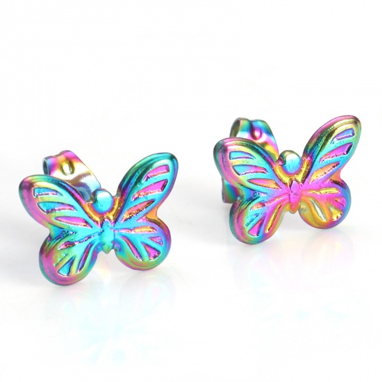 Image de 4 Pcs Boucles d'Oreilles Puces en 304 Acier Inoxydable Placage sous Vide PVD Respectueux de l'Environnement Insecte Plaqué de Couleur Arc-en-ciel Papillon avec Embouts 12mm x 8.5mm , Epaisseur de Fil: (21 gauge)