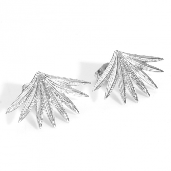 Picture of 304 Stainless Steel Flora Collection Ear Post Stud Earrings Silver Tone Fan-shaped Flower Leaves With Stoppers 25mm x 15mm, Post/ Wire Size: (21 gauge), 4 PCs