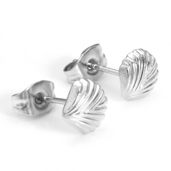 Picture of 304 Stainless Steel Ocean Jewelry Ear Post Stud Earrings Silver Tone Shell With Stoppers 7mm x 7mm, Post/ Wire Size: (21 gauge), 4 PCs