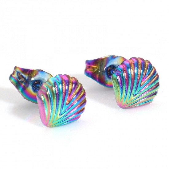 Picture of 304 Stainless Steel Ocean Jewelry Ear Post Stud Earrings Rainbow Color Plated Shell With Stoppers 7mm x 7mm, Post/ Wire Size: (21 gauge), 4 PCs