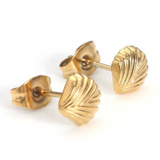 Picture of 304 Stainless Steel Ocean Jewelry Ear Post Stud Earrings 18K Gold Color Shell With Stoppers 7mm x 7mm, Post/ Wire Size: (21 gauge), 4 PCs