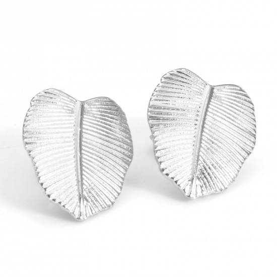 Picture of 304 Stainless Steel Flora Collection Ear Post Stud Earrings Silver Tone Leaf With Stoppers 16mm x 14mm, Post/ Wire Size: (21 gauge), 4 PCs