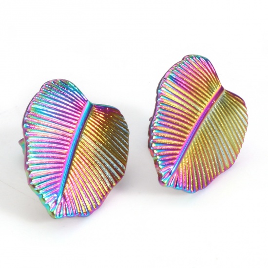 Picture of 304 Stainless Steel Flora Collection Ear Post Stud Earrings Rainbow Color Plated Leaf With Stoppers 16mm x 14mm, Post/ Wire Size: (21 gauge), 4 PCs
