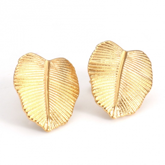 Picture of 304 Stainless Steel Flora Collection Ear Post Stud Earrings 18K Gold Color Leaf With Stoppers 16mm x 14mm, Post/ Wire Size: (21 gauge), 4 PCs