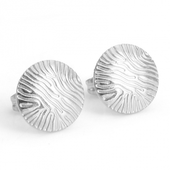 Picture of 304 Stainless Steel Geometry Series Ear Post Stud Earrings Silver Tone Round Carved Pattern With Stoppers 11mm Dia., Post/ Wire Size: (21 gauge), 4 PCs
