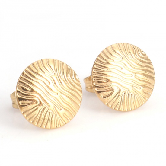 Picture of 304 Stainless Steel Geometry Series Ear Post Stud Earrings 18K Gold Color Round Carved Pattern With Stoppers 11mm Dia., Post/ Wire Size: (21 gauge), 4 PCs