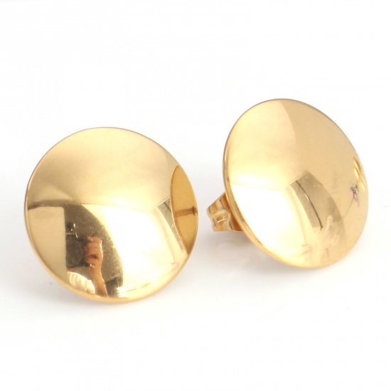Picture of 304 Stainless Steel Geometry Series Ear Post Stud Earrings 18K Gold Color Round With Stoppers 15mm Dia., Post/ Wire Size: (21 gauge), 4 PCs