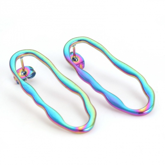 Picture of 304 Stainless Steel Geometry Series Ear Post Stud Earrings Rainbow Color Plated Oval With Stoppers 3.5cm x 1.3cm, Post/ Wire Size: (21 gauge), 4 PCs