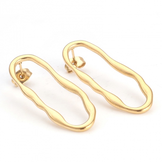 Picture of 304 Stainless Steel Geometry Series Ear Post Stud Earrings 18K Gold Color Oval With Stoppers 3.5cm x 1.3cm, Post/ Wire Size: (21 gauge), 4 PCs