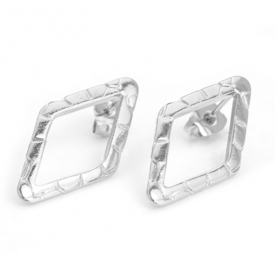 Picture of 304 Stainless Steel Geometry Series Ear Post Stud Earrings Silver Tone Rhombus With Stoppers 24mm x 13mm, Post/ Wire Size: (21 gauge), 4 PCs