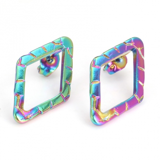 Picture of 304 Stainless Steel Geometry Series Ear Post Stud Earrings Rainbow Color Plated Rhombus With Stoppers 24mm x 13mm, Post/ Wire Size: (21 gauge), 4 PCs