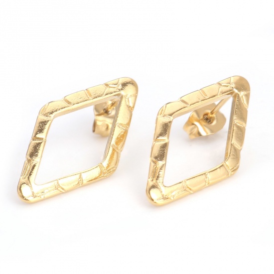 Imagen de 304 Acero Inoxidable Serie de Geometría Pendientes Color Oro de 18K Diamond Con Tapones 24mm x 13mm, Post/ Wire Size: (21 gauge), 4 Unidades