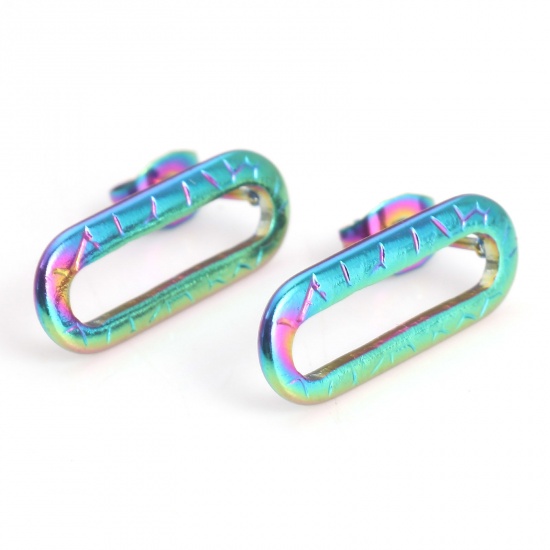 Picture of 304 Stainless Steel Geometry Series Ear Post Stud Earrings Rainbow Color Plated Oval With Stoppers 20mm x 7.5mm, Post/ Wire Size: (21 gauge), 4 PCs