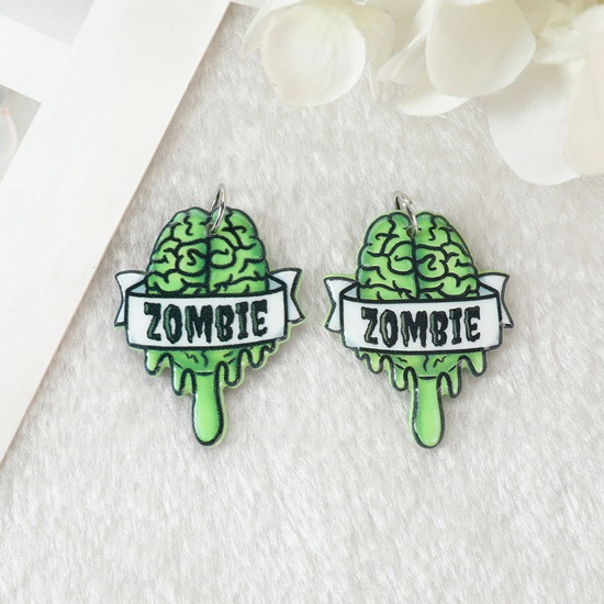 Picture of Acrylic Halloween Pendants Anatomical Human Cerebrum Brain Green Double Sided 3.8cm x 3cm, 5 PCs