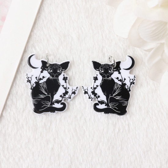 Picture of Acrylic Pendants Cat Animal Moon Black & White Double Sided 3.6cm x 3.2cm, 5 PCs