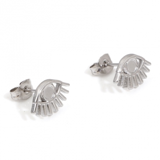 Picture of 4 PCs 304 Stainless Steel Ear Post Stud Earrings Eye Silver Tone Cabochon Settings (Fits 3mm Dia.) 13mm x 8mm