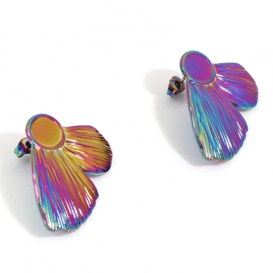 Picture of 2 PCs Eco-friendly PVD Vacuum Plating 304 Stainless Steel Ear Post Stud Earrings Butterfly Animal Rainbow Color Plated Wing Cabochon Settings (Fits 10mmx8mm) 3.6cm x 2.8cm