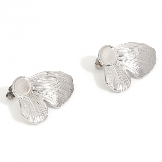 Picture of 2 PCs 304 Stainless Steel Ear Post Stud Earrings Butterfly Animal Silver Tone Wing Cabochon Settings (Fits 10mmx8mm) 3.6cm x 2.8cm