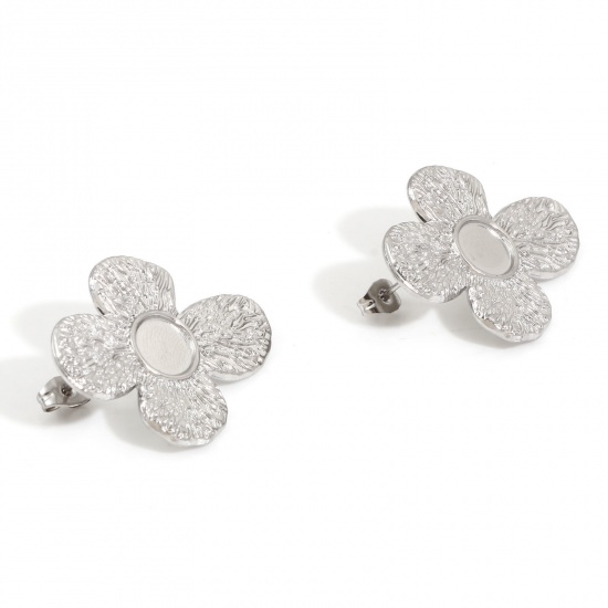 Picture of 2 PCs 304 Stainless Steel Ear Post Stud Earrings Flower Silver Tone Cabochon Settings (Fits 8mm Dia.) 3.3cm x 2.7cm