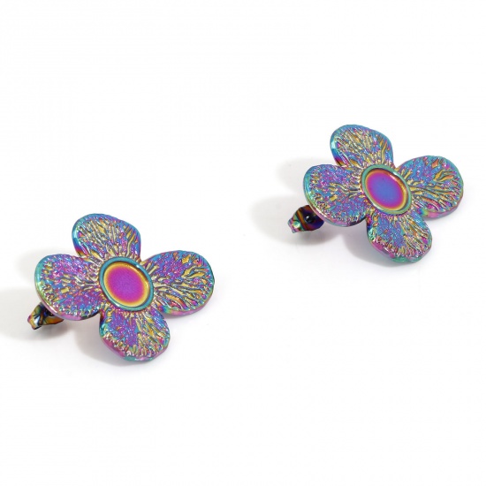 Picture of 2 PCs Eco-friendly PVD Vacuum Plating 304 Stainless Steel Ear Post Stud Earrings Flower Rainbow Color Plated Cabochon Settings (Fits 8mm Dia.) 3.3cm x 2.7cm