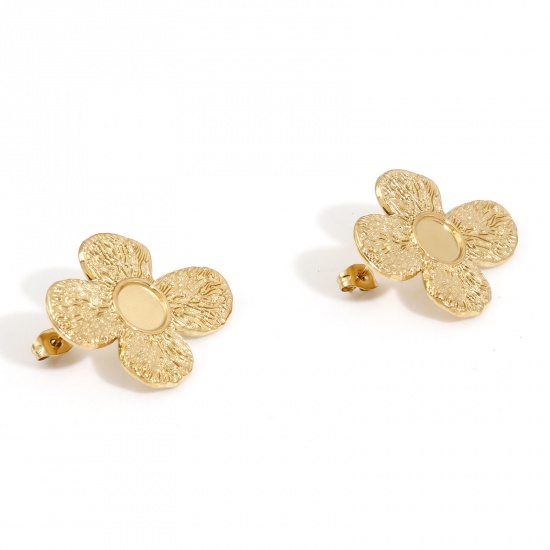 Picture of 2 PCs Eco-friendly PVD Vacuum Plating 304 Stainless Steel Ear Post Stud Earrings Flower 18K Gold Plated Cabochon Settings (Fits 8mm Dia.) 3.3cm x 2.7cm