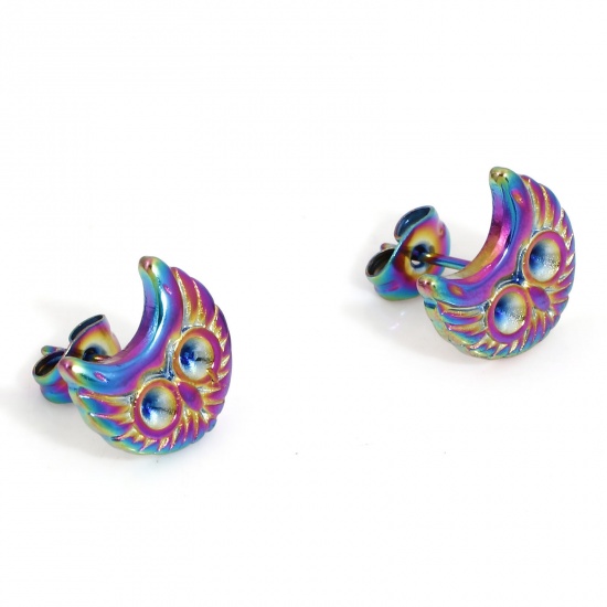 Imagen de 4 Unidades Recubrimiento al Vacío PVD Ecológico 304 Acero Inoxidable Halloween Pendientes Búho Chapado en Color Arco Iris (Apta ss9 Puntiagudo Fondo Rhinestone) 12mm x 12mm