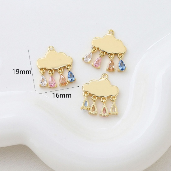 Picture of Brass Weather Collection Charms 14K Gold Plated Cloud Drop Multicolour Cubic Zirconia 19mm x 16mm, 1 Piece