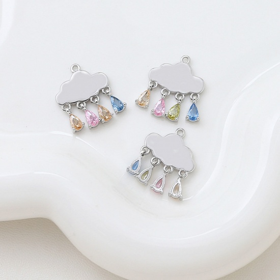 Picture of Brass Weather Collection Charms Platinum Plated Cloud Drop Multicolour Cubic Zirconia 19mm x 16mm, 1 Piece