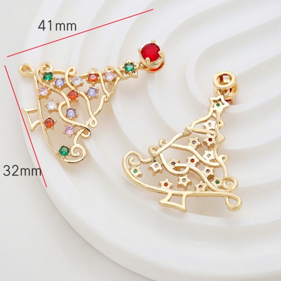 Imagen de Latón Navidad Colgantes Árbol de Navidad Chapado en Oro de 18K Hueco Multicolor Circón Artificial 4.1cm x 3.2cm, 1 Unidad