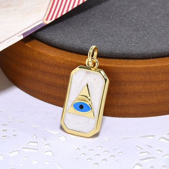 Bild von Messing Religiös Charms 18K Gold plattiert Weiß Rechteck Böser Blick Evil Eye Emaille 27mm x 12mm, 1 Stück