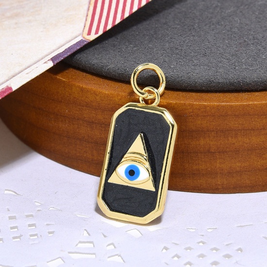 Bild von Messing Religiös Charms 18K Gold plattiert Schwarz Rechteck Böser Blick Evil Eye Emaille 27mm x 12mm, 1 Stück