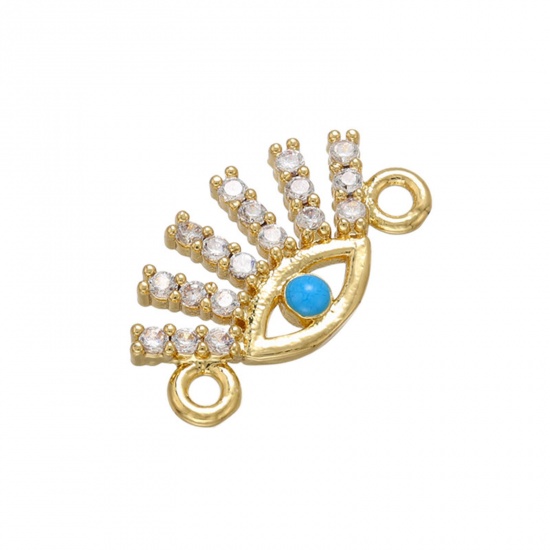Picture of Brass Connectors Charms Pendants Gold Plated Blue Eye Enamel Clear Rhinestone 14.5mm x 8mm, 2 PCs                                                                                                                                                             