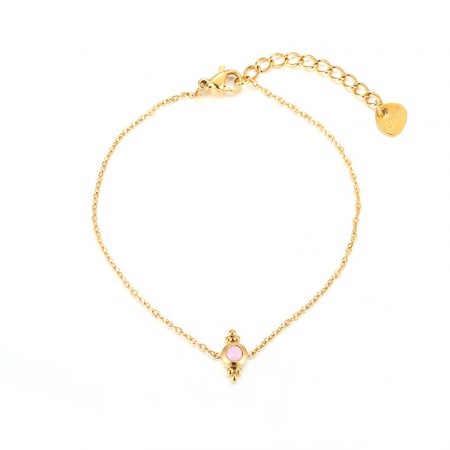 Immagine di Tondo Rosa Chiaro Strass 304 Acciaio Inossidabile Catena a Cavo Braccialetti All'Ingrosso, Placcato Oro 18K Donne Regalo Fornitura di Gioielli, 16cm Lunghezza, 1 Pz