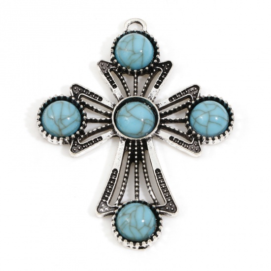 Picture of Zinc Based Alloy Boho Chic Bohemia Pendants Antique Silver Color Cross With Resin Cabochons Imitation Turquoise 5 PCs