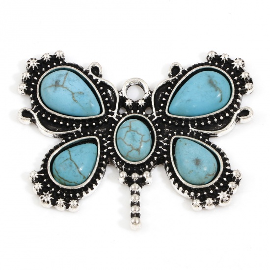 Picture of Zinc Based Alloy Boho Chic Bohemia Pendants Antique Silver Color Butterfly Animal With Resin Cabochons Imitation Turquoise 5 PCs